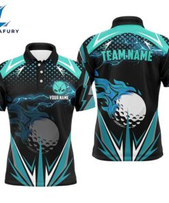 Black Mens Golf Polo Shirts Custom Cyan Blue Fire Lightning Team Golf Jerseys, Golf Attire