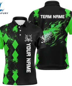 Black Mens Golf Polo Shirts Custom Green Argyle Pattern Flame Golf Ball Golf Tops