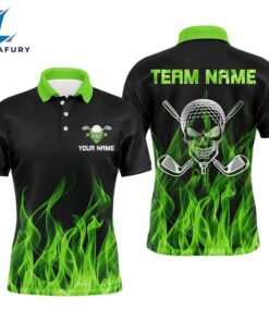 Black Mens Golf Polo Shirts Custom Green Flame Skull Golf Clubs