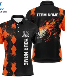 Black Mens Golf Polo Shirts Custom Orange Argyle Pattern Flame Golf Ball Golf Tops