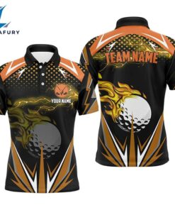 Black Mens Golf Polo Shirts Custom Orange Fire Lightning Team Golf Jerseys, Golf Attire