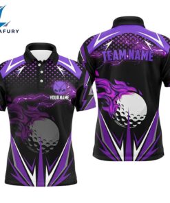 Black Mens Golf Polo Shirts Custom Purple Fire Lightning Team Golf Jerseys, Golf Attire