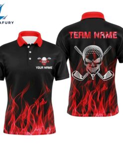 Black Mens Golf Polo Shirts Custom Red Flame Skull Golf Clubs