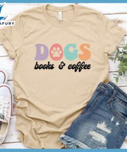 Dogs Books & Coffee Colored Print T-Shirt