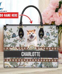 Akita Dog Bior Leather Handbag With Flowers And Butterfly
