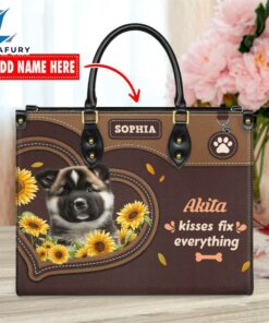 Akita Dog Kisses Fix Everything Leather Handbag