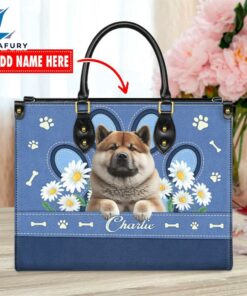 Akita Dog Lover Leather Bag With Daisy Flowers