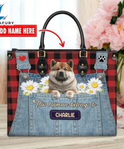 Akita Dog This Human Belongs To Leather Handbag