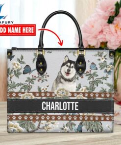 Alaskan Malamute Dog Bior Leather Handbag With Flowers And Butterfly