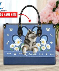 Alaskan Malamute Dog Lover Leather Bag With Daisy Flowers