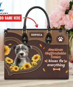 American Staffordshire Terrier Dog Kisses Fix Everything Leather Handbag
