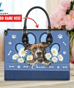 American Staffordshire Terrier Dog Lover Leather Bag With Daisy Flowers