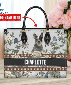 Australian Cattle Dog Bior Leather Handbag With Flowers And Butterfly
