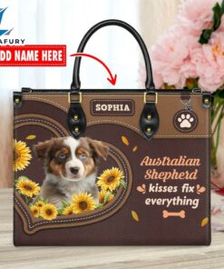 Australian Shepherd Dog Kisses Fix Everything Leather Handbag
