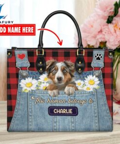 Australian Shepherd Dog This Human Belongs To Leather Handbag