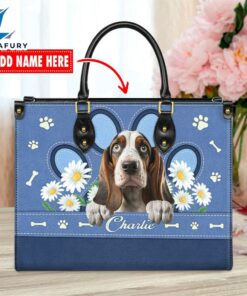 Basset Hound Dog Lover Leather Bag With Daisy Flowers
