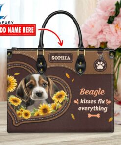 Beagle Dog Kisses Fix Everything Leather Handbag