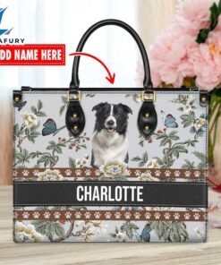 Border Collie Dog Bior Leather Handbag With Flowers And Butterfly