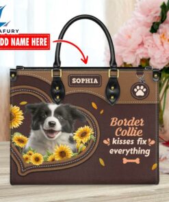 Border Collie Dog Kisses Fix Everything Leather Handbag