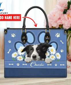 Border Collie Dog Lover Leather Bag With Daisy Flowers