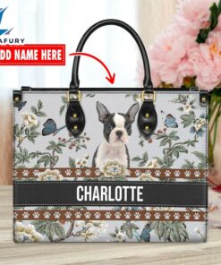Boston Terrier Dog Bior Leather Handbag With Flowers And Butterfly