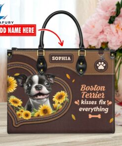 Boston Terrier Dog Kisses Fix Everything Leather Handbag