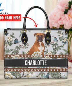 Boxer Dog Bior Leather Handbag With Flowers And Butterfly