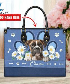 Boxer Dog Lover Leather Bag With Daisy Flowers