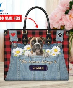 Boxer Dog This Human Belongs To Leather Handbag
