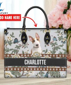 Bull Terrier Dog Bior Leather Handbag With Flowers And Butterfly