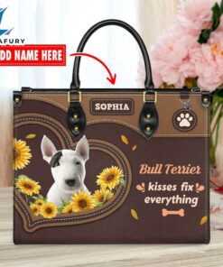 Bull Terrier Dog Kisses Fix Everything Leather Handbag