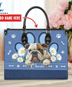 Bulldog Lover Leather Bag With Daisy Flowers