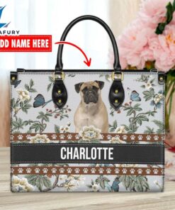 Bullmastiff Dog Bior Leather Handbag With Flowers And Butterfly