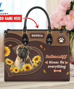 Bullmastiff Dog Kisses Fix Everything Leather Handbag