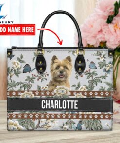 Cairn Terrier Dog Bior Leather Handbag With Flowers And Butterfly