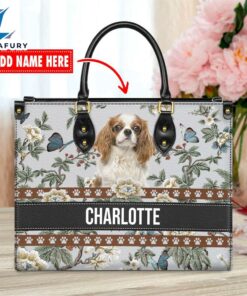 Cavalier King Charles Spaniel Dog Bior Leather Handbag With Flowers And Butterfly