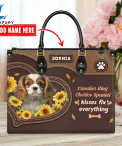 Cavalier King Charles Spaniel Dog Kisses Fix Everything Leather Handbag