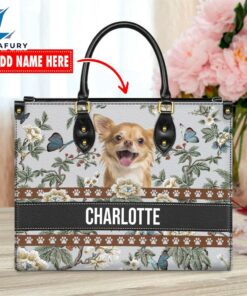 Chihuahua Dog Bior Leather Handbag With Flowers And Butterfly