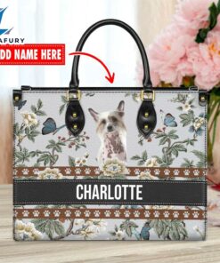 Chinese Creasted Dog Bior Leather Handbag With Flowers And Butterfly