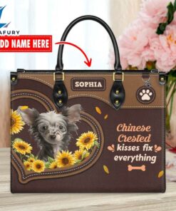 Chinese Creasted Dog Kisses Fix Everything Leather Handbag