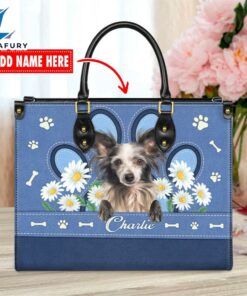 Chinese Creasted Dog Lover Leather Bag With Daisy Flowers
