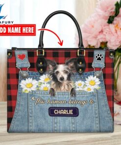 Chinese Creasted Dog This Human Belongs To Leather Handbag