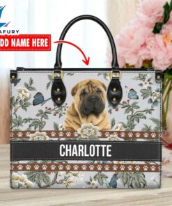 Chinese Shar-Pei Dog Bior Leather Handbag With Flowers And Butterfly