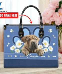 Chinese Shar-Pei Dog Lover Leather Bag With Daisy Flowers