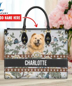 Chow Chow Dog Bior Leather Handbag With Flowers And Butterfly