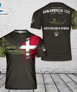 Custom Name Royal Danish Air Force Eskadrille 722 Agusta-Westland EH-101 Merlin T-Shirt 3D