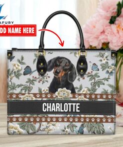 Dachshund Dog Bior Leather Handbag With Flowers And Butterfly