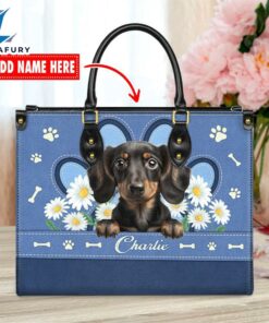 Dachshund Dog Lover Leather Bag With Daisy Flowers