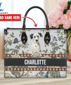 Dalmatian Dog Bior Leather Handbag With Flowers And Butterfly
