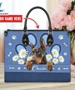 Doberman Pinscher Dog Lover Leather Bag With Daisy Flowers
